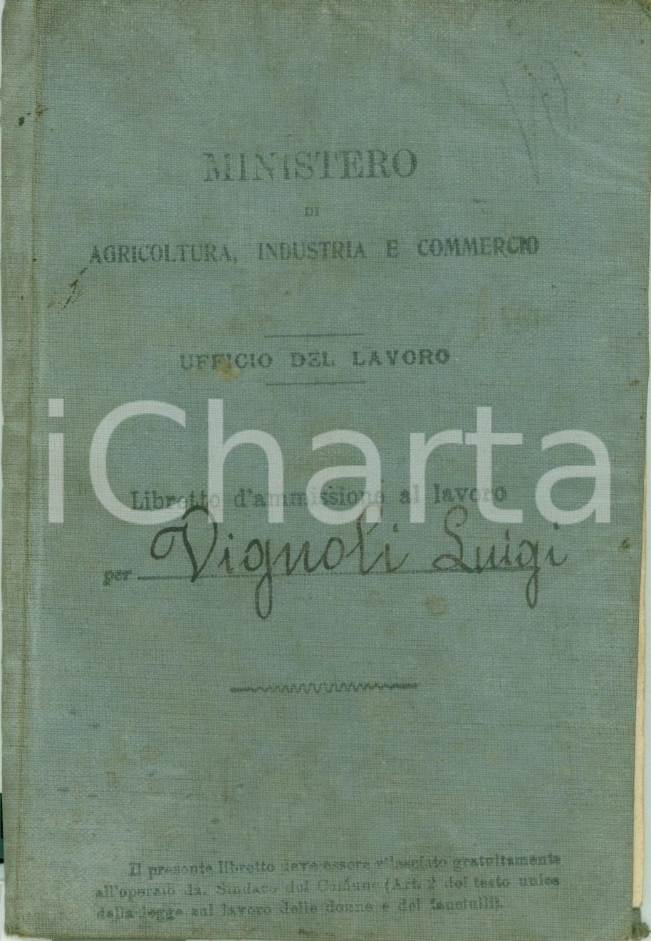 Documento originale, autentico 1914 GENOVA SAMPIERDARENA Libretto ammissione al lavoro di Luigi VIGNOLI 1