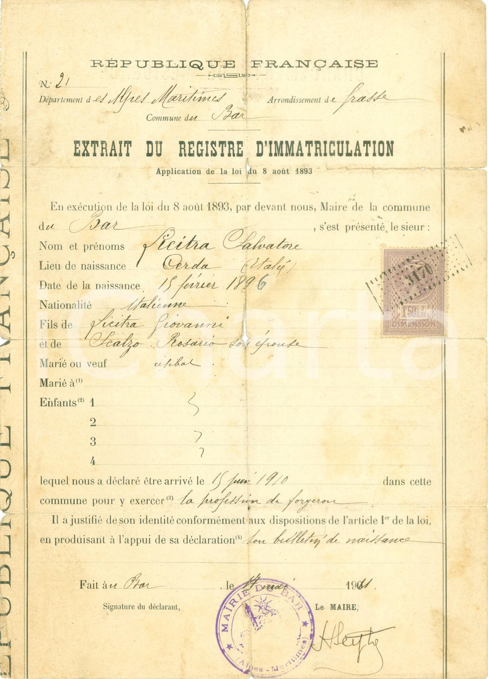 Documento originale, autentico 1911 BARSURLOUP F Salvatore LICITRA esecita mestiere di fabbro DANNEGGIATO 1
