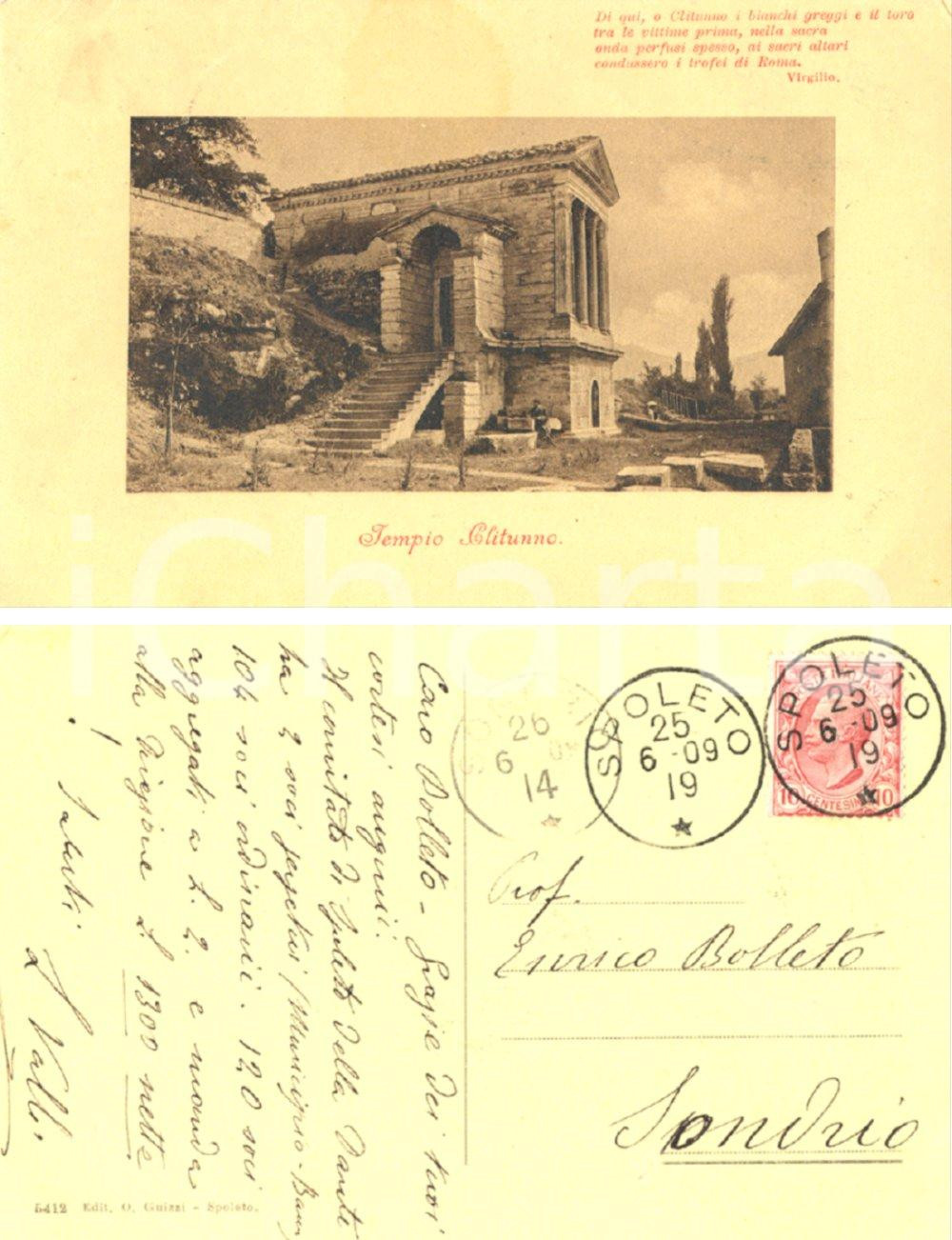 Cartolina originale da collezione 1909 SPOLETO PG Tempio Clitunno Cartolina autografa Luigi VALLI FP VG 1