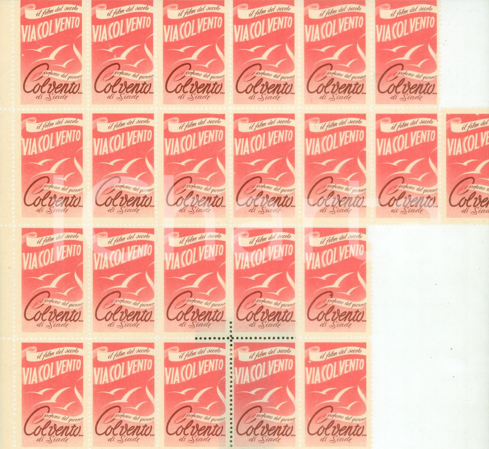 Materiale pubblicitario d’epoca 1940 VIA COL VENTO Profumo Col Vento di SIADE 23 erinnofili Serie rosa 1