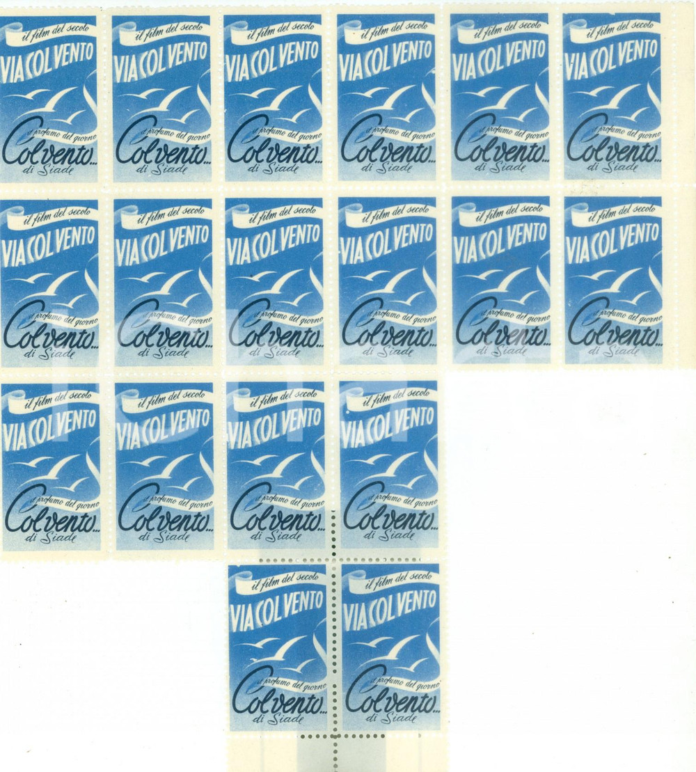 Materiale pubblicitario d’epoca 1940 VIA COL VENTO Profumo Col Vento di SIADE 18 erinnofili Serie blu 1