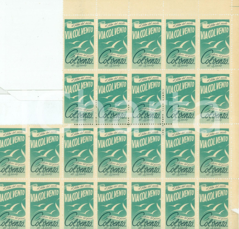 Materiale pubblicitario d’epoca 1940 VIA COL VENTO Profumo Col Vento di SIADE 24 erinnofili Serie verde acqua 1