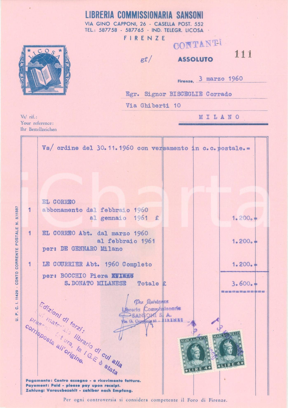 Libro, pubblicazione d epoca 1960 FIRENZE Libreria Commissionaria SANSONI LICOSA Fattura intestata 1