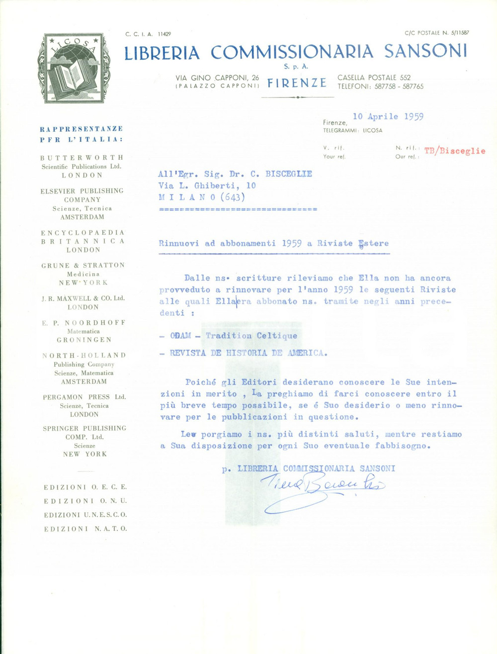 Libro, pubblicazione d epoca 1959 FIRENZE Libreria Commissionaria SANSONI chiede rinnovo abbonamenti Lettera 1