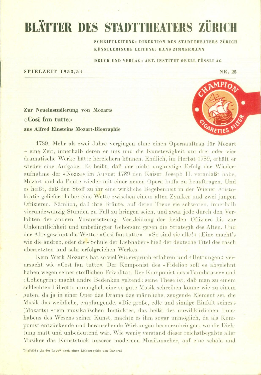Oggetto da collezione cartaceo 1953 ZURICH SWITZERLAND BlÃ¤tter des Stadttheaters CosÃ¬ fan tutte W.A. MOZART 1