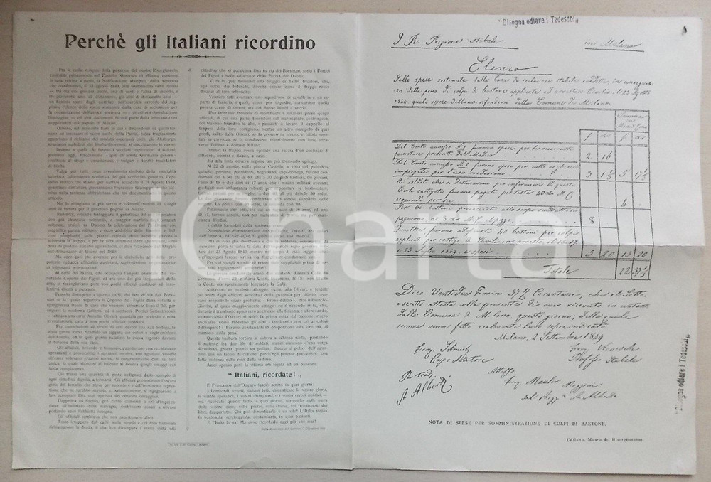 Documento originale, autentico 1917 MILANO PROPAGANDA WW1 Bisogna odiare i tedeschi oppressori Documento 1