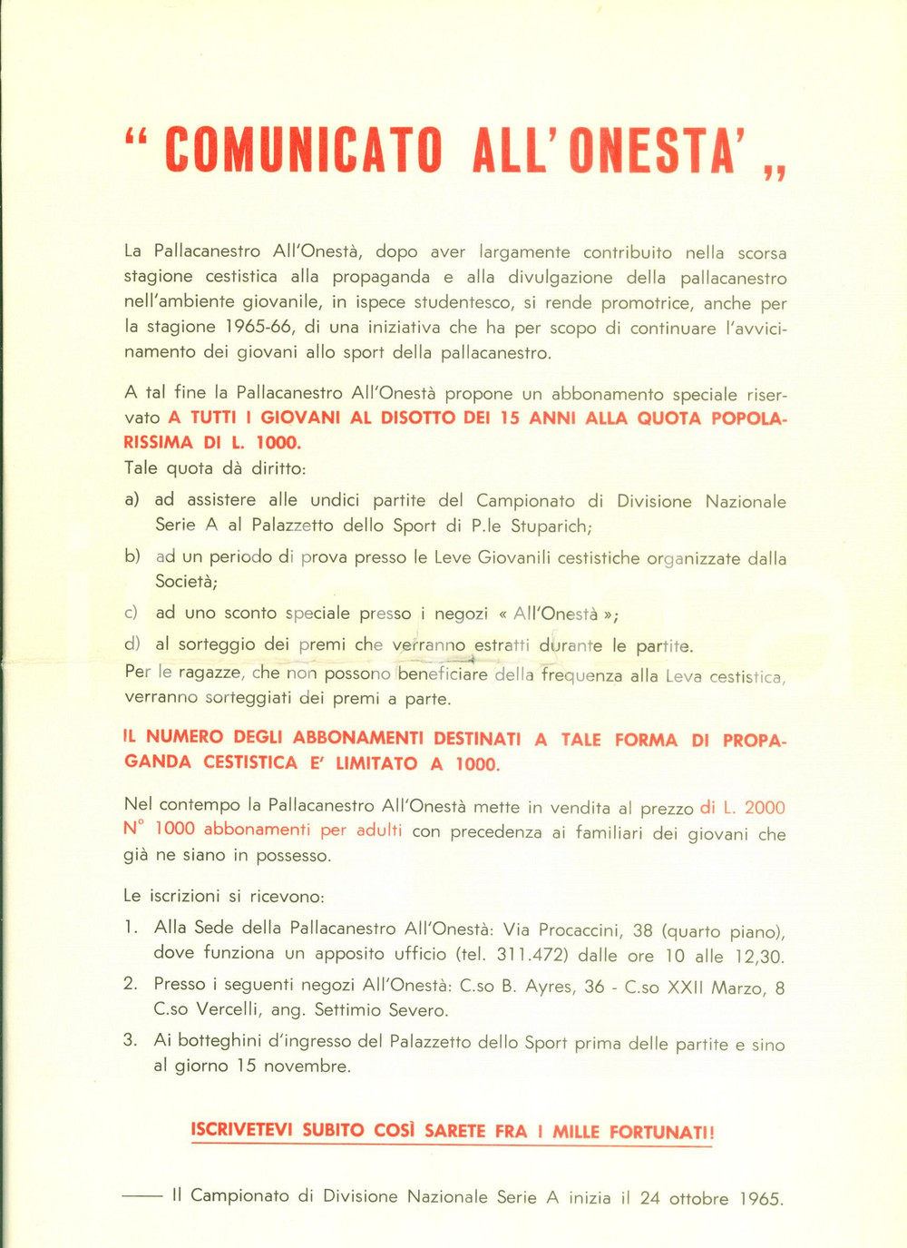 Materiale pubblicitario d’epoca 1965 MILANO Pallacanestro ALL ONESTA  propone abbonamento speciale DANNEGGIATO 1