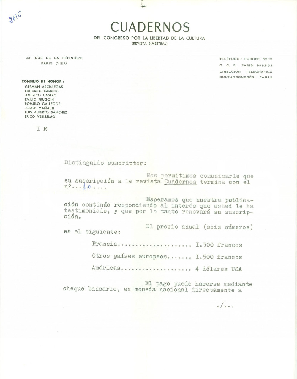1959 PARIS Cuadernos del Congreso por Libertad de la Cultura Lettera commerciale