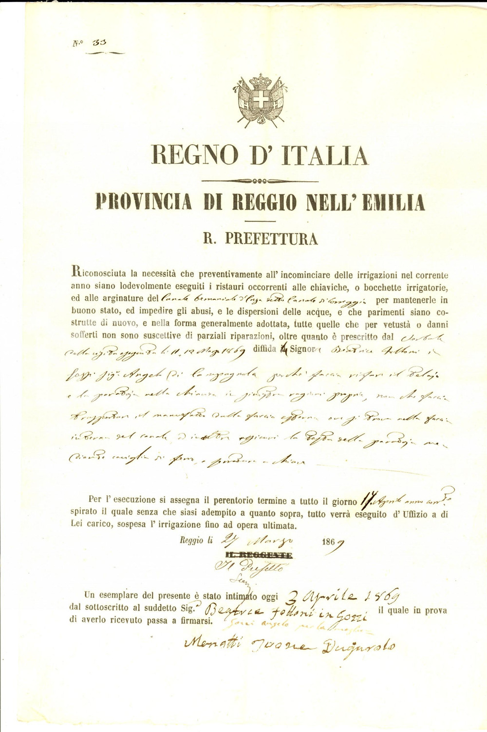 Documento originale, autentico 1869 CORREGGIO RE Beatrice FATTORI ricostruisce telaio e paratoia Documento 1