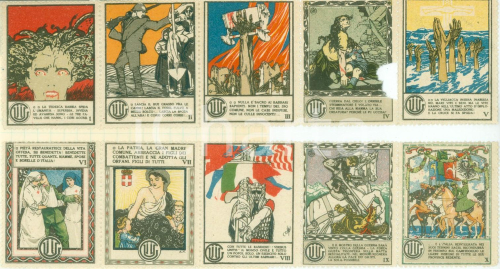 Documento originale, autentico 1918 PROPAGANDA WW1 Serie dieci erinnofili colori Italia vincerÃ  contro barbari 1