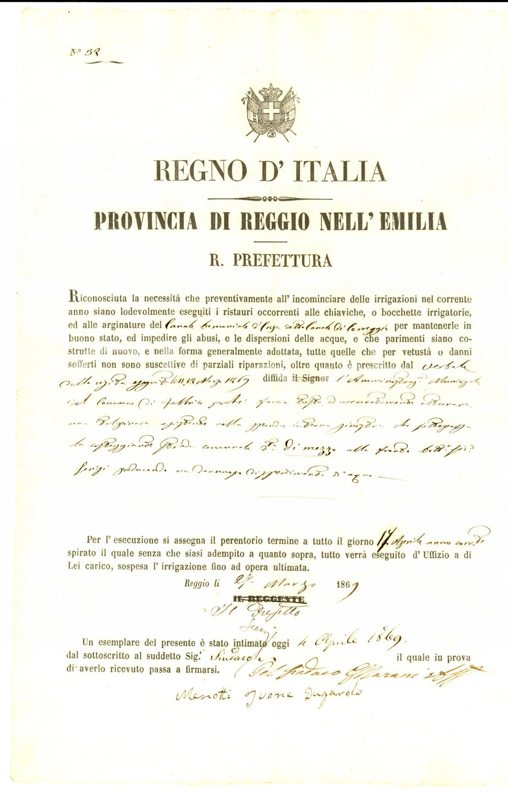 Documento originale, autentico 1869 FABBRICA RE Otturazione lungo la sponda del canale CORREGGIO Documento 1