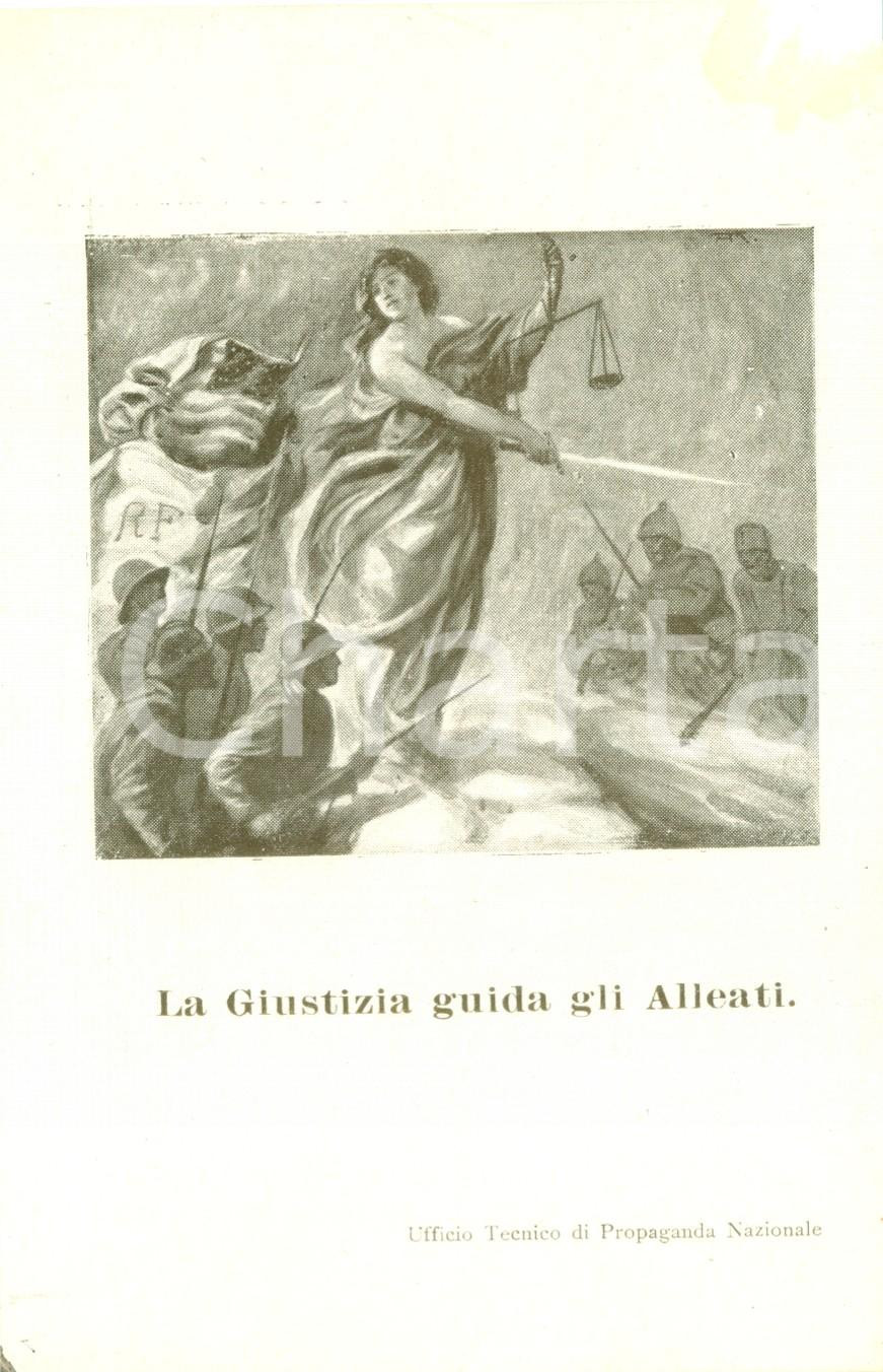 Documento originale, autentico 1918 PROPAGANDA WW1 La Giustizia guida gli alleati Biglietto licenza serale 1