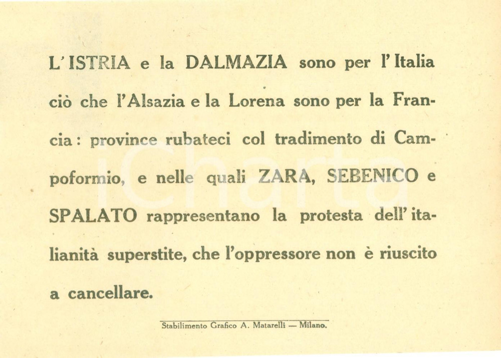 Documento originale, autentico 1917 PROPAGANDA WW1 Ci hanno rubato ISTRIA e DALMAZIA con CAMPOFORMIO Volantino 1