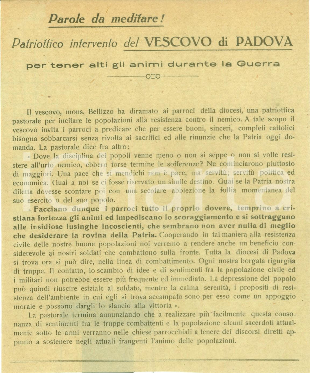 Documento originale, autentico 1918 PADOVA PROPAGANDA WW1 Vescovo Luigi PELLIZZO esorta a sostenere soldati 1