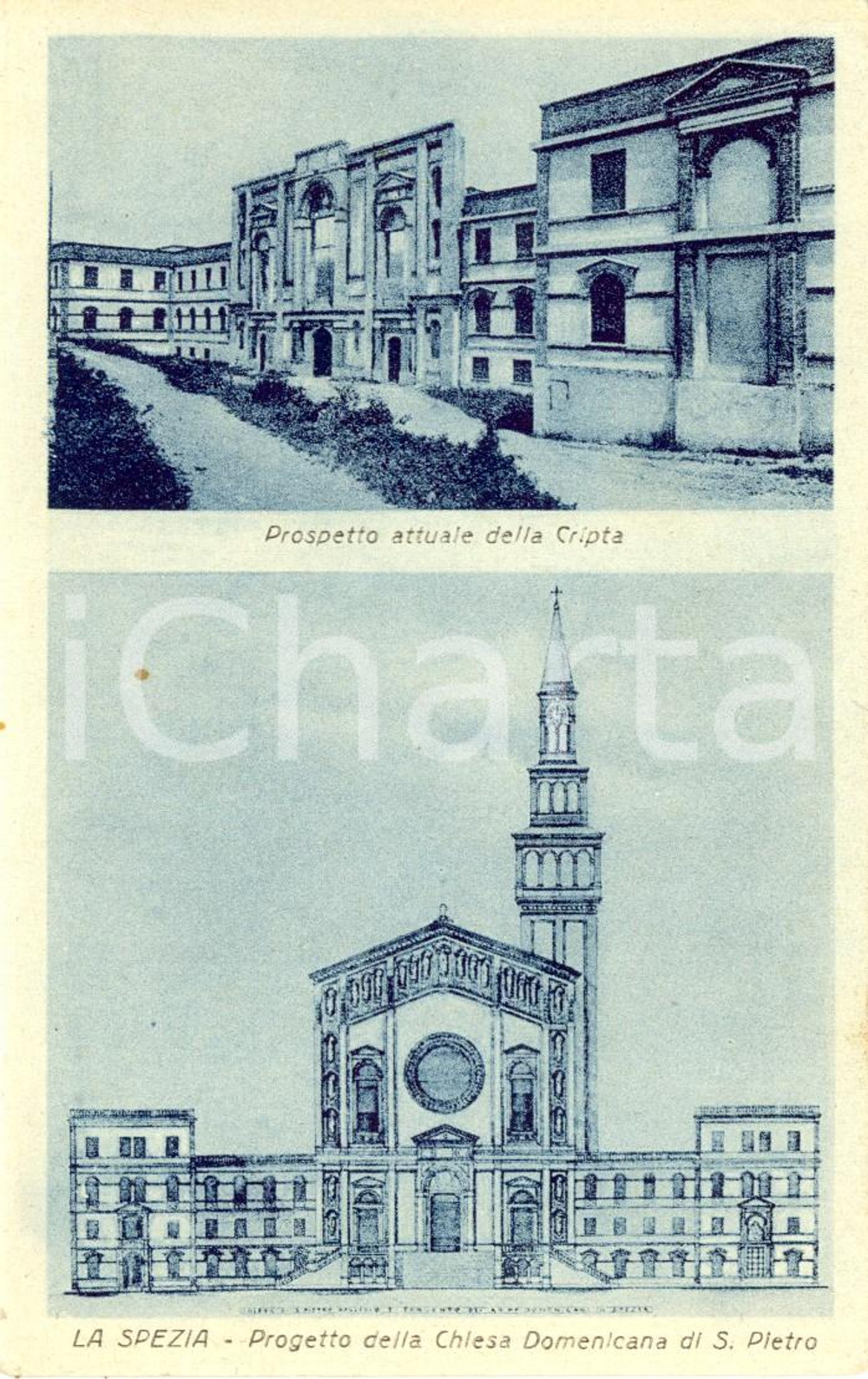 Cartolina originale da collezione 1930 ca LA SPEZIA Progetto chiesa domenicana SAN PIETRO e veduta cripta FP NV 1