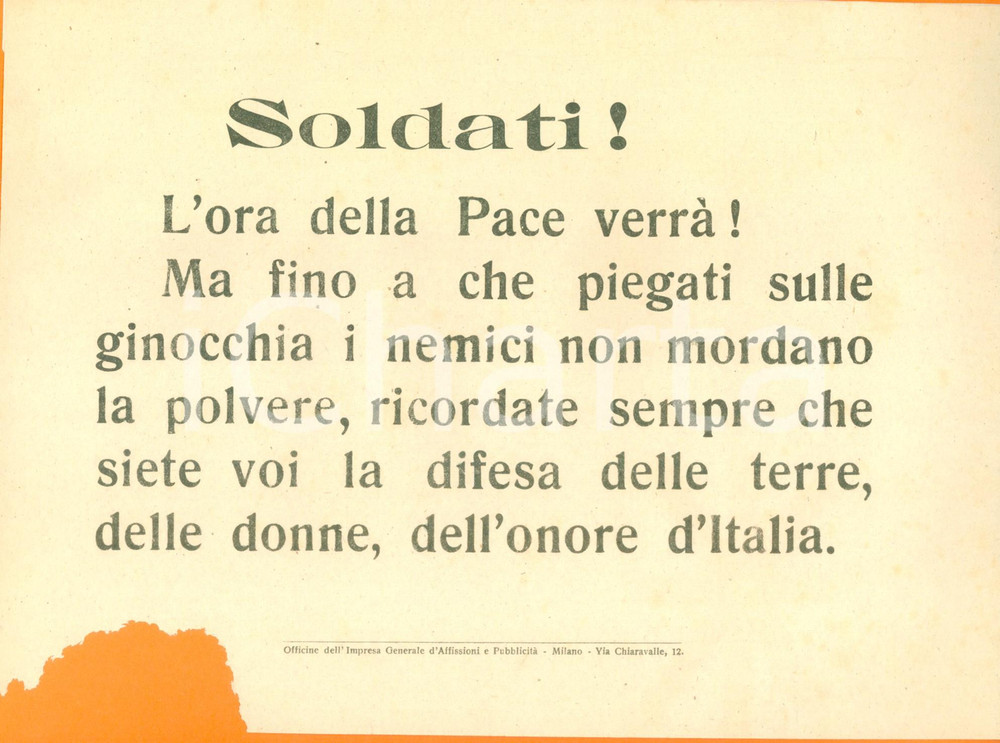 Documento originale, autentico 1918 PROPAGANDA WW1 Soldati, voi siete la difesa delle terre d ITALIA Volantino 1