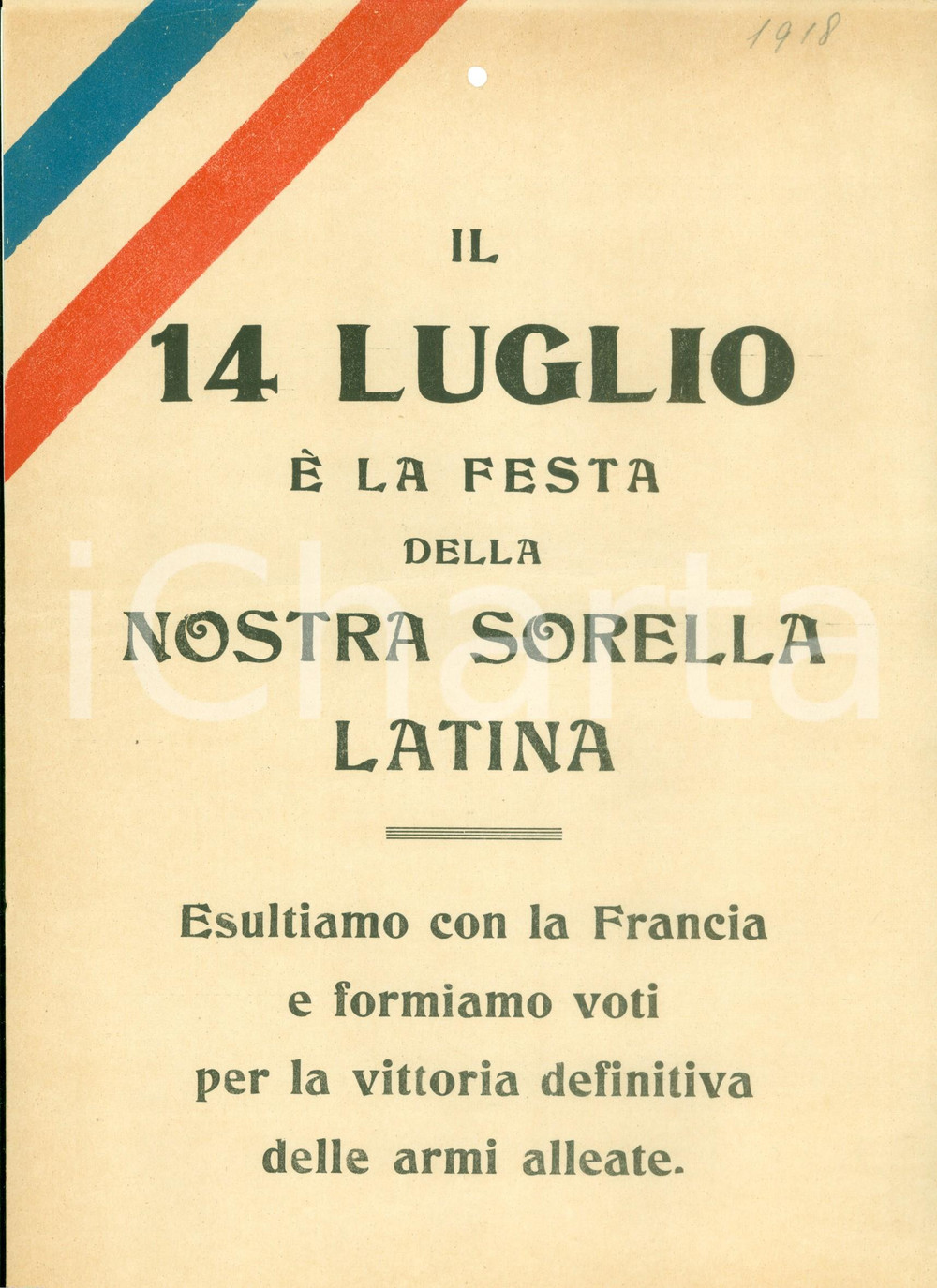 Documento originale, autentico 1918 PROPAGANDA WW1 Festeggiamo anniversario Presa della BASTIGLIA Locandina 1