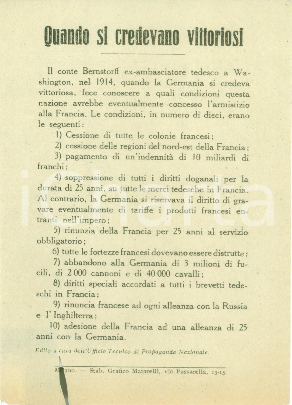Documento originale, autentico 1918 PROPAGANDA WW1 Quando la GERMANIA si credeva vittoriosa Volantino 1