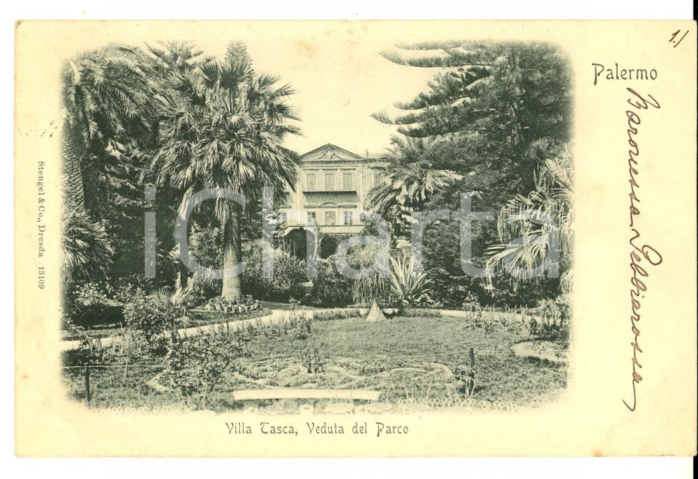 Autografo originale 1900 ca PALERMO Villa TASCA Cartolina baronessa GEBBIAROSSA FP VG 1