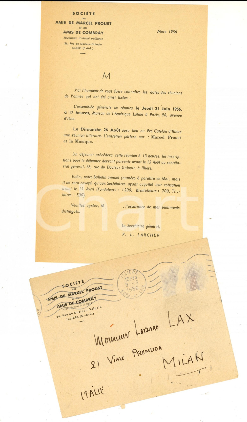 Manoscritto, lettera originale 1956 ILLIERS F Riunione della SOCIETE DES AMIS DE MARCEL PROUST Lettera 1