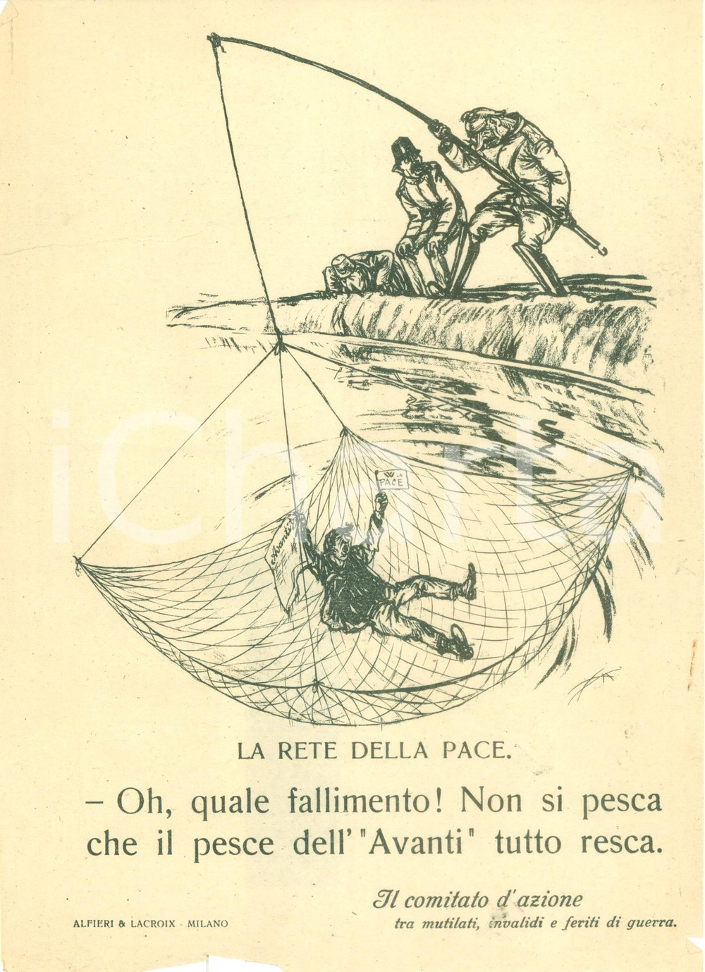 Documento originale, autentico 1918 PROPAGANDA WW1 Si pesca solo il pesce de L AVANTI Satirico ILLUSTRATO 1