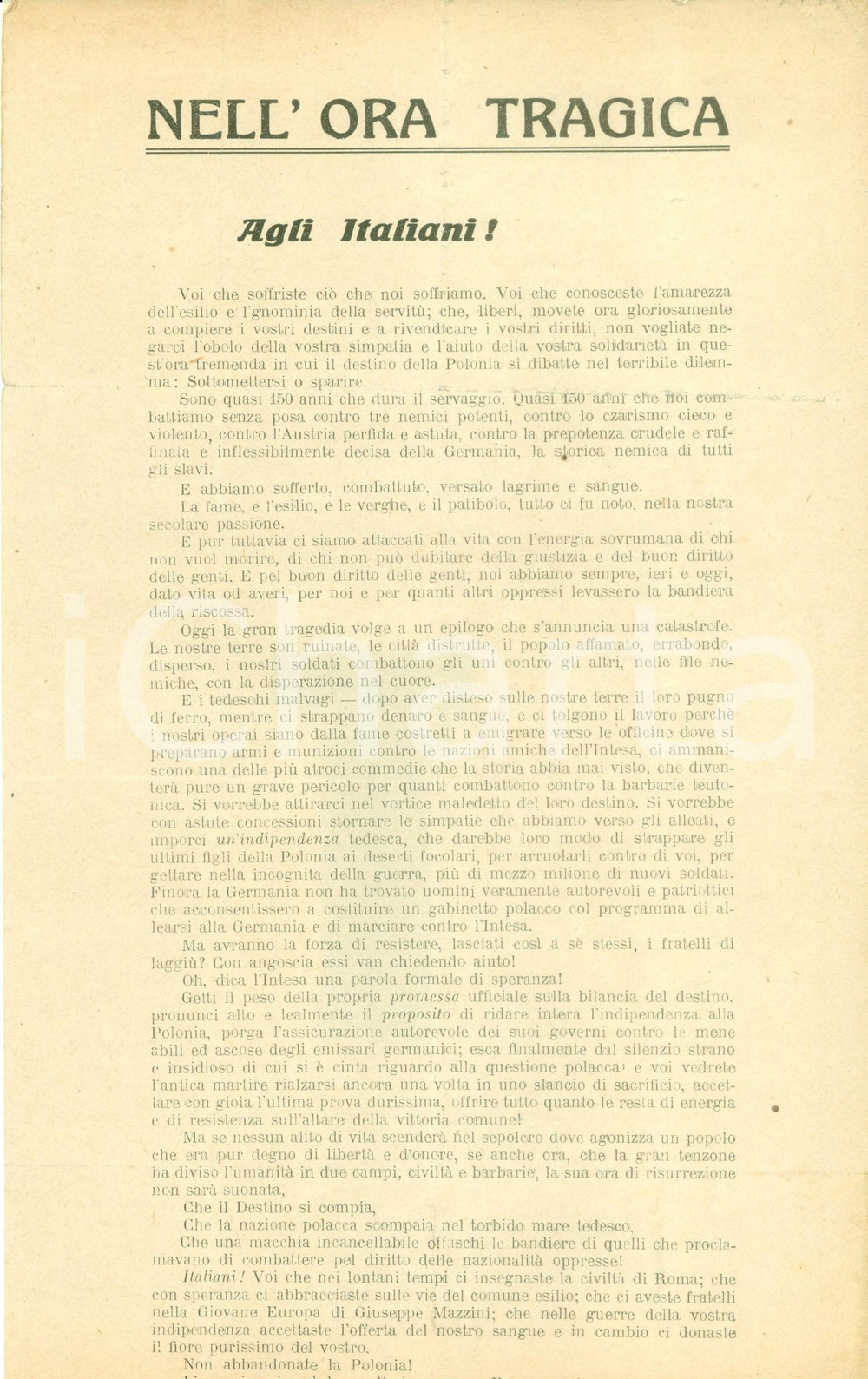 Documento originale, autentico 1916 PROPAGANDA WW1 Liberiamo la POLONIA dalla schiavitÃ¹ Volantino 1