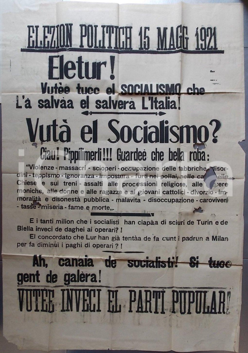 Documento originale, autentico 1921 MILANO ELEZIONI POLITICHE Propaganda Partito Popolare in dialetto milanese 1