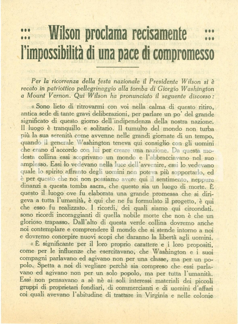 Documento originale, autentico 1918 WW1 Presidente USA Woodrow WILSON Nessuna pace di compromesso con PRUSSIA 1
