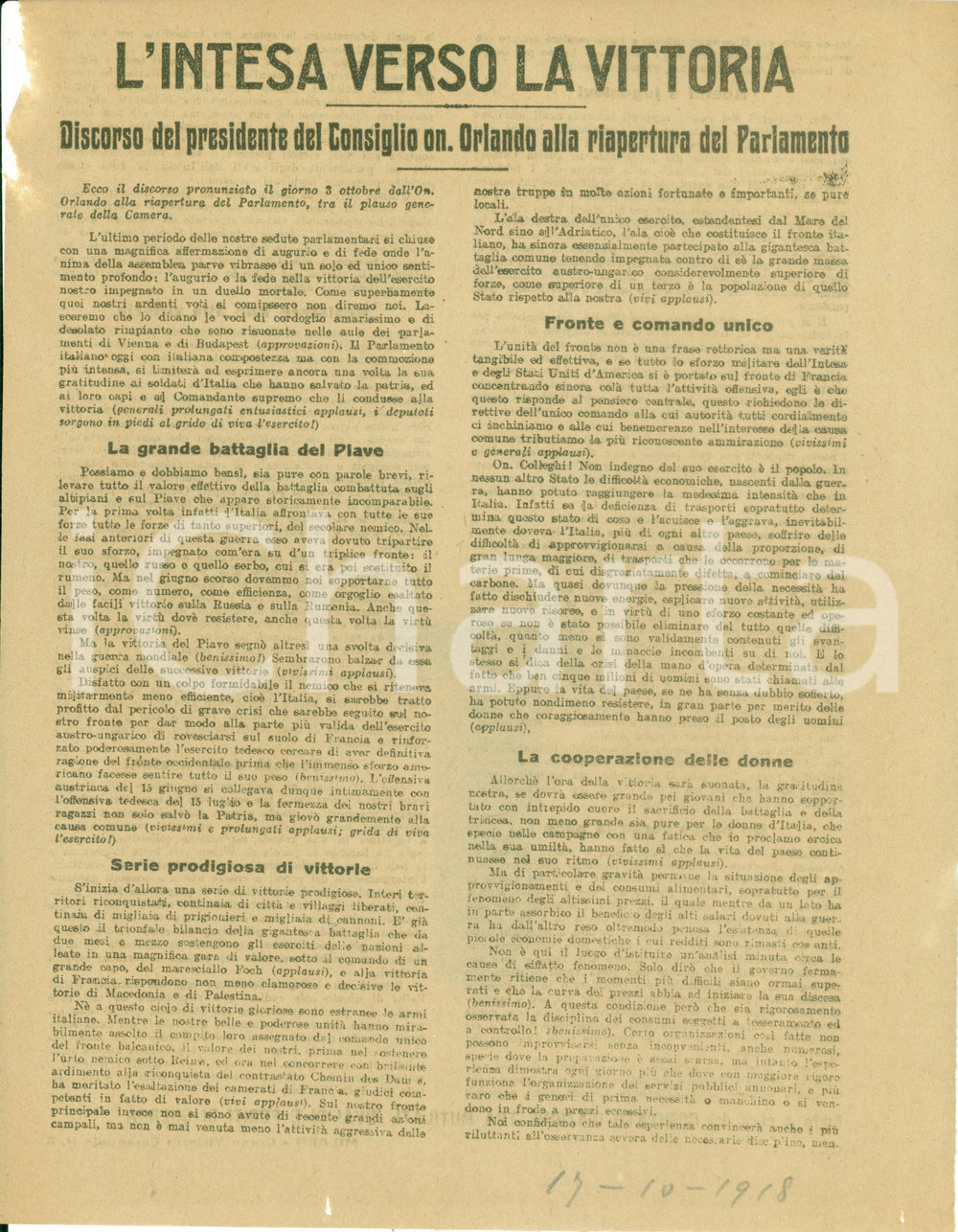 1918 WW1 Vittorio Emanuele ORLANDO L'intesa verso la Vittoria *Manifestino