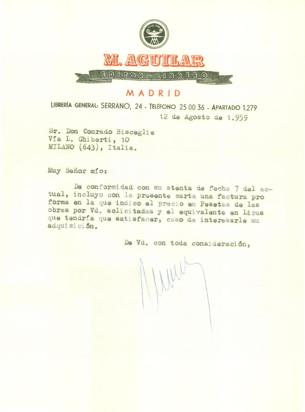 Manoscritto, lettera originale 1959 MADRID SPAGNA Editor  Librero M. AGUILAR invia fattura Lettera 1