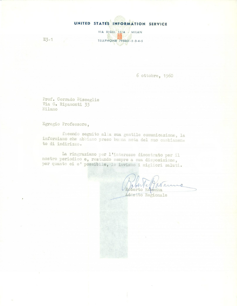 Manoscritto, lettera originale 1960 MILANO United States Information Service registra cambio di indirizzo 1