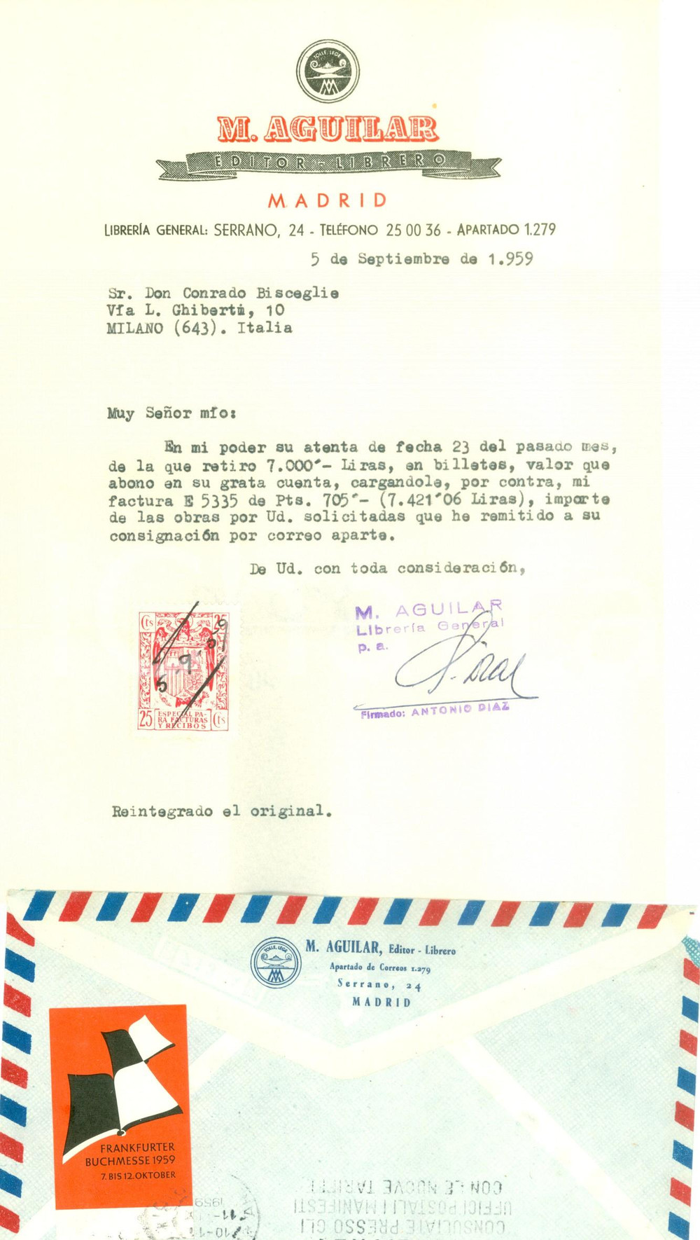 Manoscritto, lettera originale 1959 MADRID SPAGNA Editor  Librero M. AGUILAR invia fattura Lettera 1