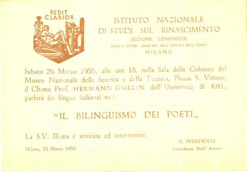 Materiale pubblicitario d’epoca 1955 MILANO Istituto Nazionale Rinascimento Hermann GMELIN Bilinguismo poeti 1 1