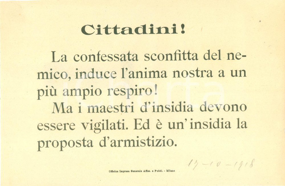 Documento originale, autentico 1918 PROPAGANDA WW1 Proposta tedesca di armistizio cela insidie Volantino 1