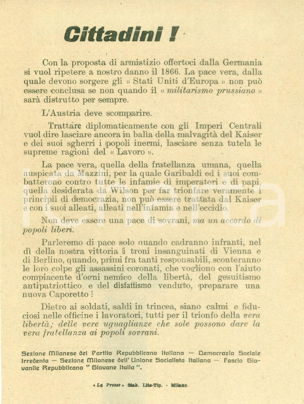 Documento originale, autentico 1918 MILANO PROPAGANDA WW1 Si parlerà di pace dopo sconfitta del REICH Volantino 1