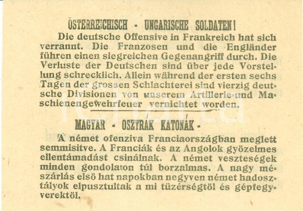 Documento originale, autentico 1918 PROPAGANDA AEREA WW1 Esercito tedesco sconfitto fronte francese Volantino 1