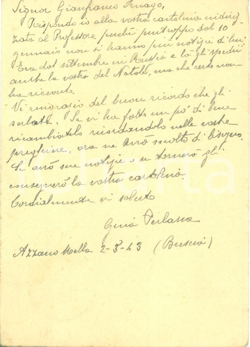 Documento originale, autentico 1943 AZZANO MELLA BS WW2 Marito di Gina PERLASCA scomparso in RUSSIA Cartolina 1