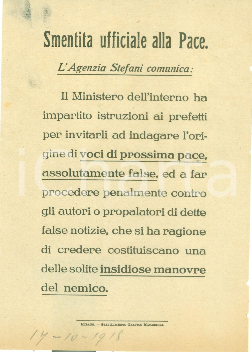 Documento originale, autentico 1918 PROPAGANDA WW1 Ogni voce di pace Ã¨ assolutamente falsa Volantino 1