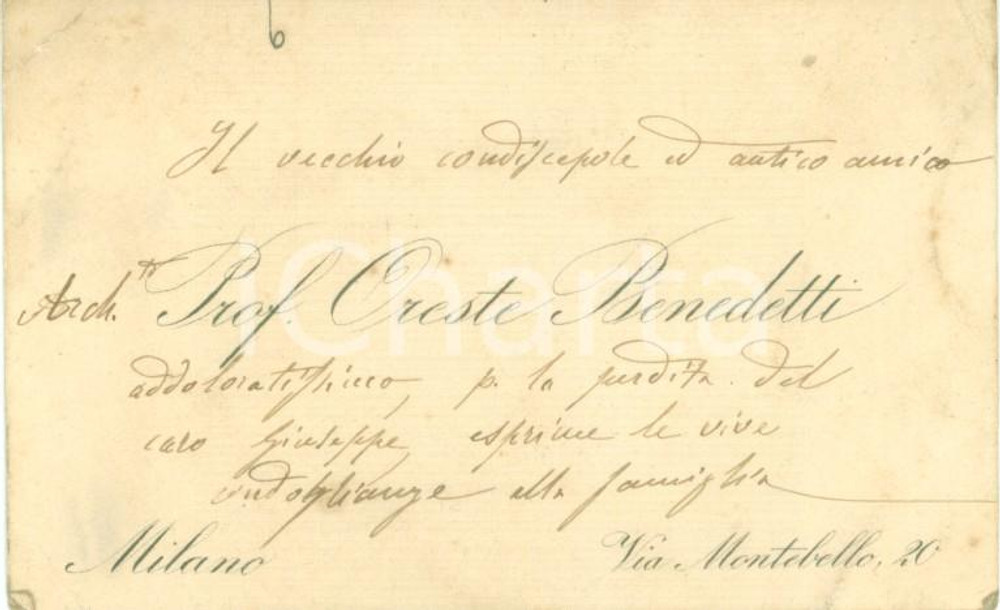 Autografo originale 1910 ca MILANO Architetto Oreste BENEDETTI Biglietto condoglianze AUTOGRAFO 1