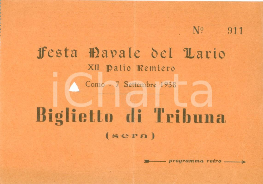 Oggetto da collezione cartaceo 1958 COMO Festa navale del LARIO XII Palio Remiero Biglietto di tribuna 1