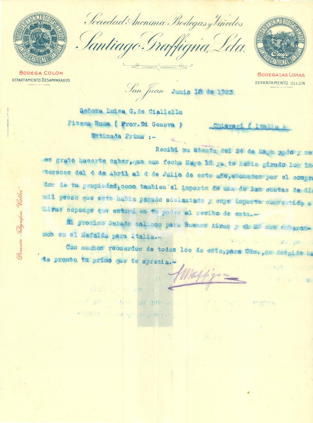 Manoscritto, lettera originale 1923 SAN JUAN ARGENTINA Santiago GRAFFIGNA Sociedad Anonima Bodegas ViÃ±edos 1