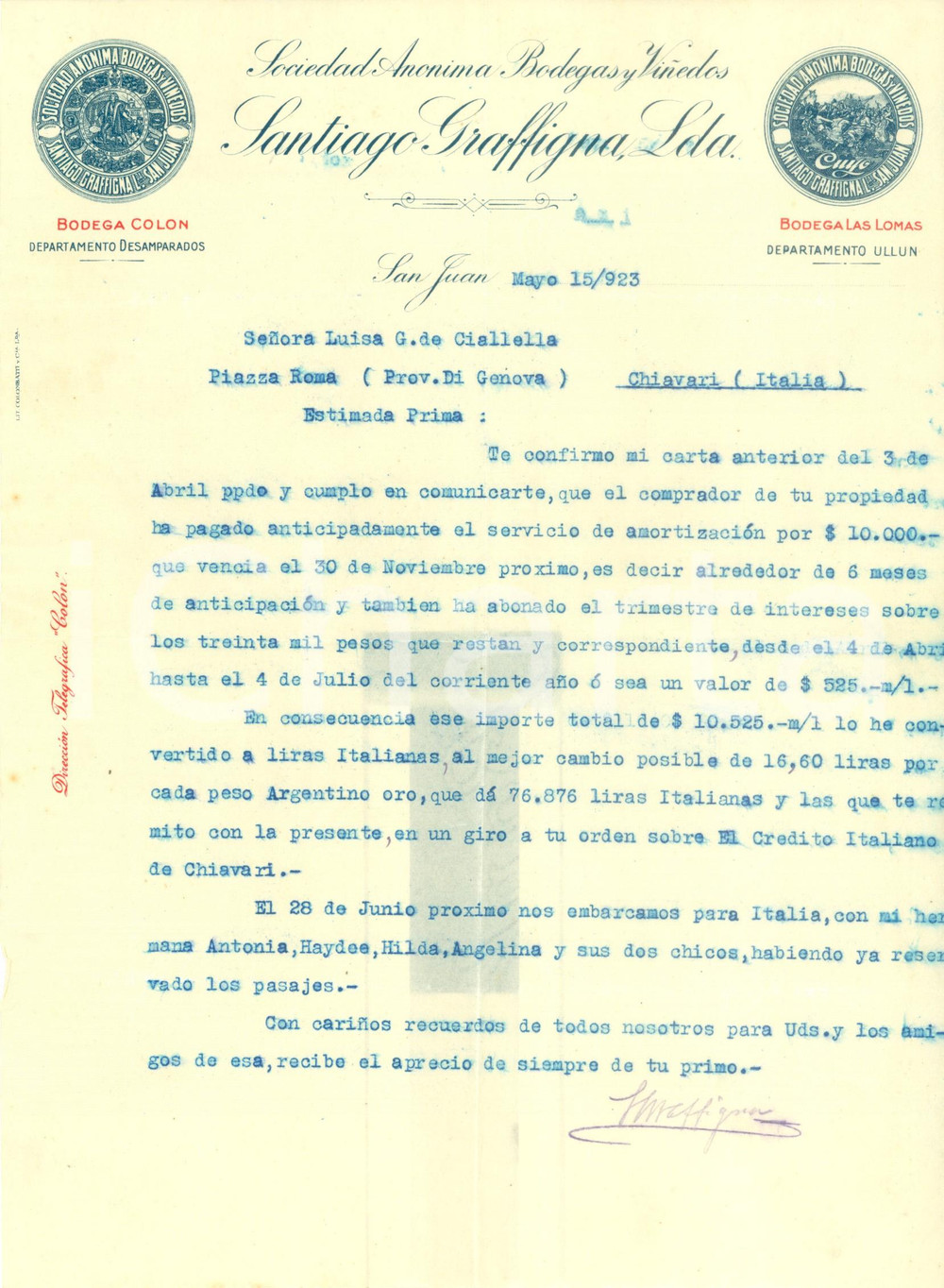 Manoscritto, lettera originale 1923 SAN JUAN ARGENTINA Santiago GRAFFIGNA Sociedad Anonima Bodegas y ViÃ±edos 1