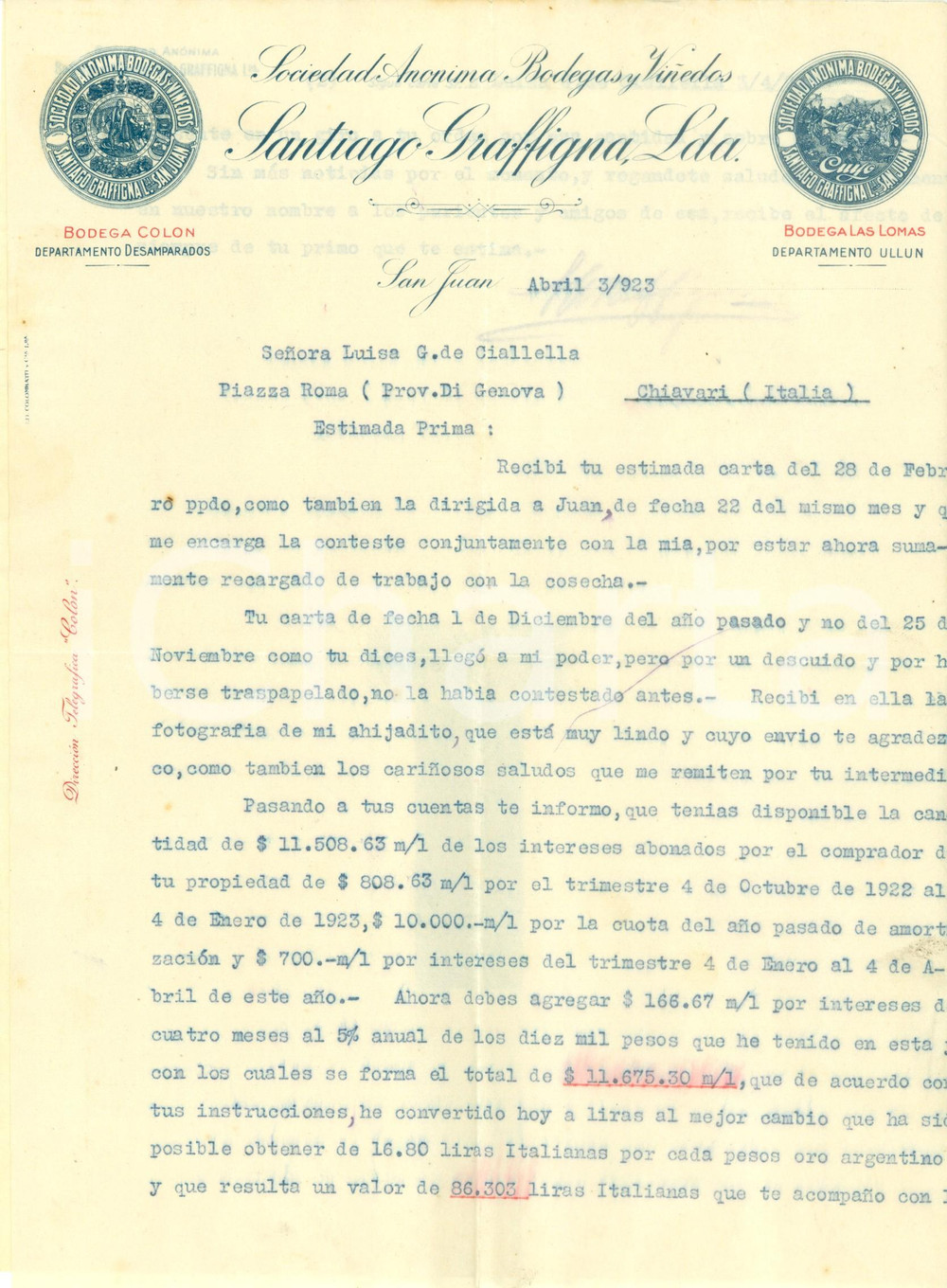 Manoscritto, lettera originale 1923 SAN JUAN ARGENTINA Santiago GRAFFIGNA Sociedad Anonima Bodegas y ViÃ±edos 1