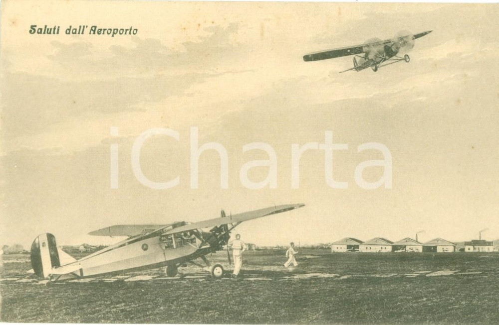 Cartolina originale da collezione 1930 ca MILANO TALIEDO Velivolo biplano in volo sugli hangar Cartolina FP NV 1
