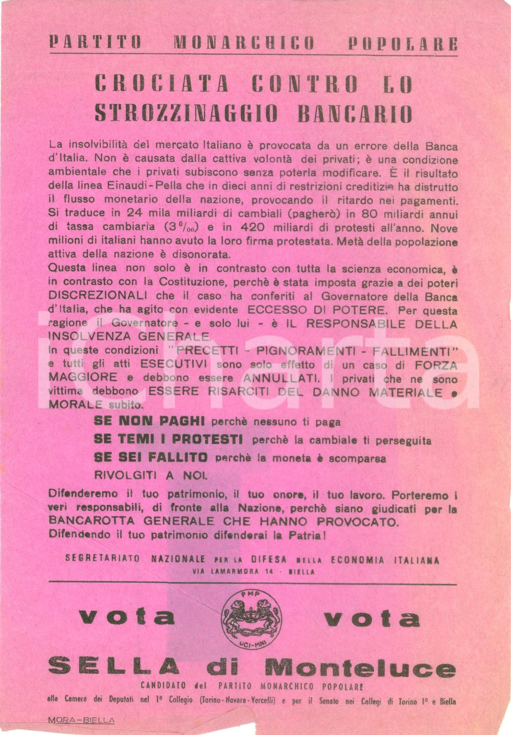 Materiale pubblicitario d’epoca 1953 TORINO ELEZIONI POLITICHE Paolo SELLA MONTELUCE vs strozzinaggio bancario 1