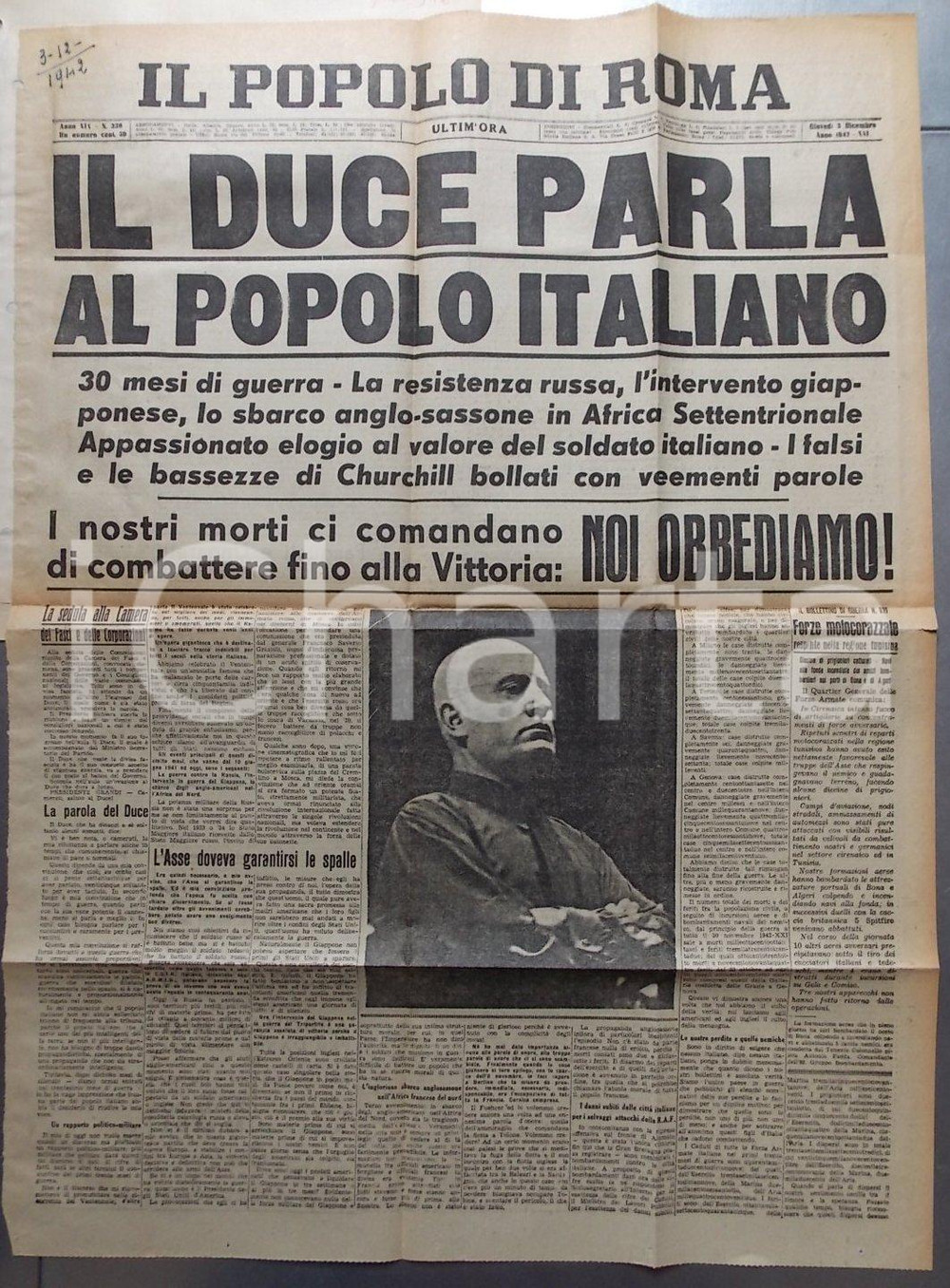 Giornale, rivista storica 1942 IL POPOLO DI ROMA WW2 Il Duce parla al popolo italiano Combattere 1
