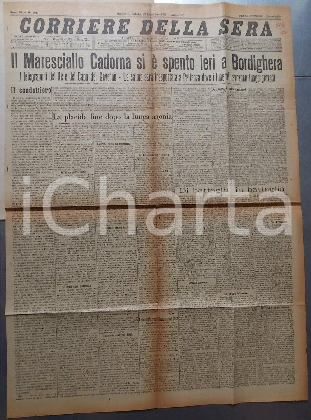 Documento originale, autentico 1928 CORRIERE DELLA SERA Maresciallo Luigi CADORNA morto a BORDIGHERA 1