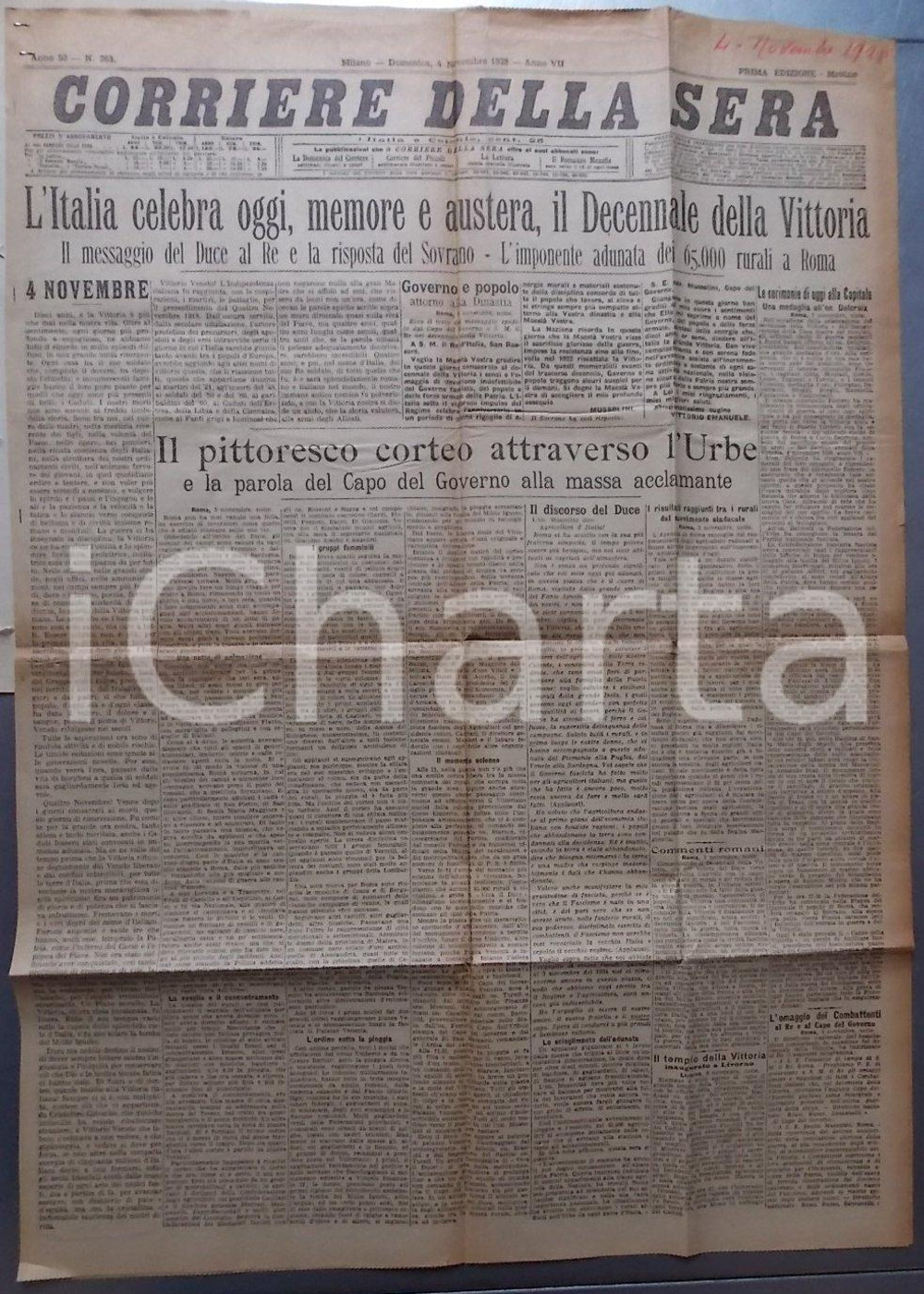 Documento originale, autentico 1928 CORRIERE DELLA SERA Celebrazioni fasciste per Decennale Vittoria WW1 1