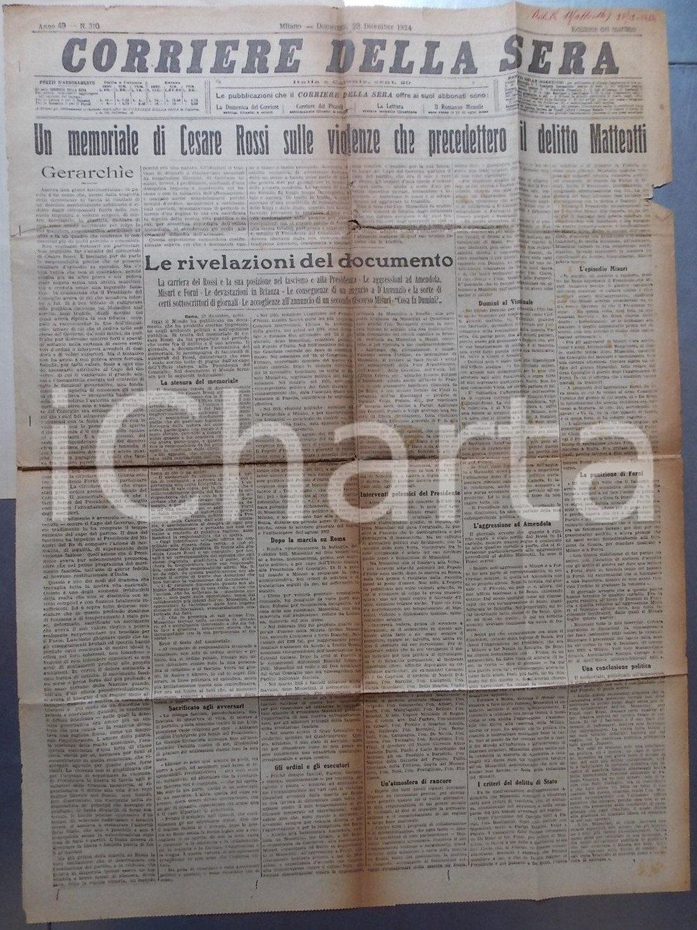 Documento originale, autentico 1924 CORRIERE DELLA SERA Delitto MATTEOTTI Memoriale di Cesare ROSSI Giornale 1