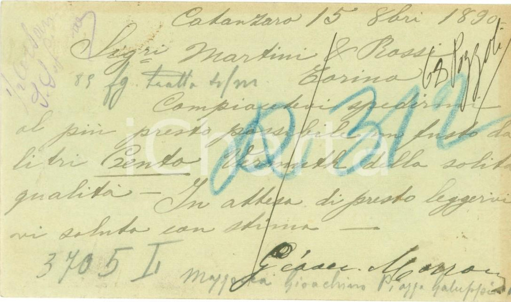 Documento originale, autentico 1890 CATANZARO Editore Gioacchino MAZZOCCA ordina vermuth MARTINI & ROSSI 1